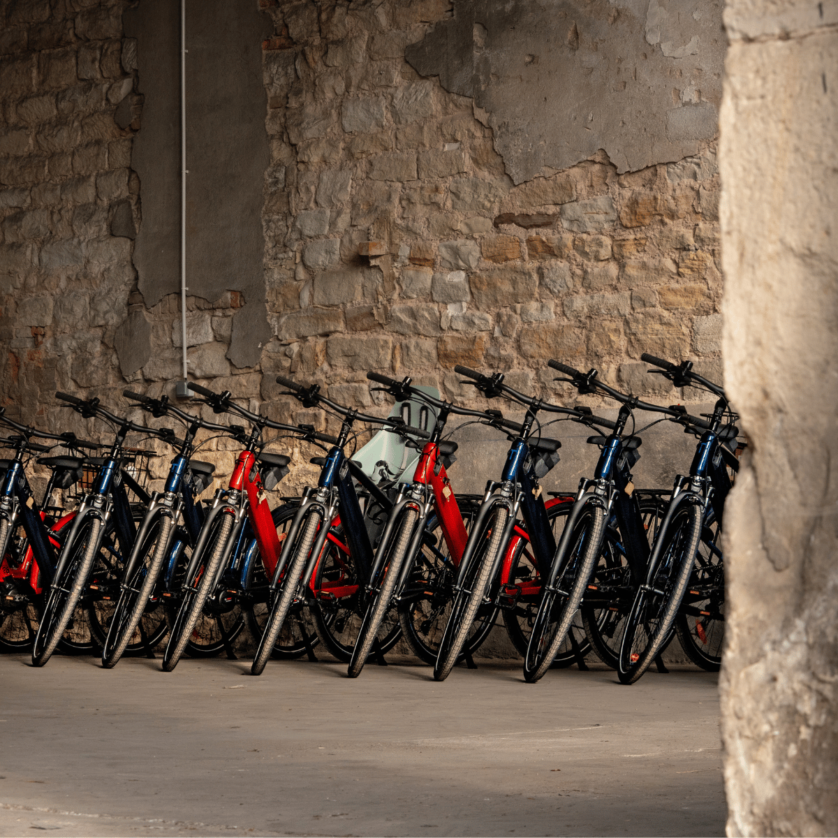 Flotte de vélos d'entreprise alignés dans un local